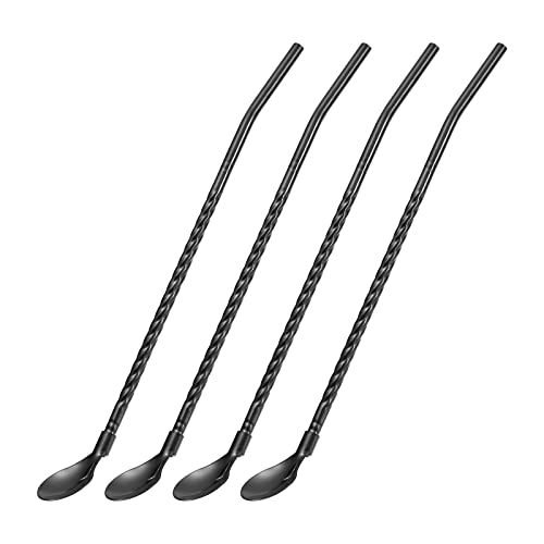 sourcing map Inoxidable Acero Cuchara Pajitas, 4uds 8.6' Reutilizable Metal Largo Mango Beber Pajitas Cuchara para Batido Bebidas Cóctel, Negro