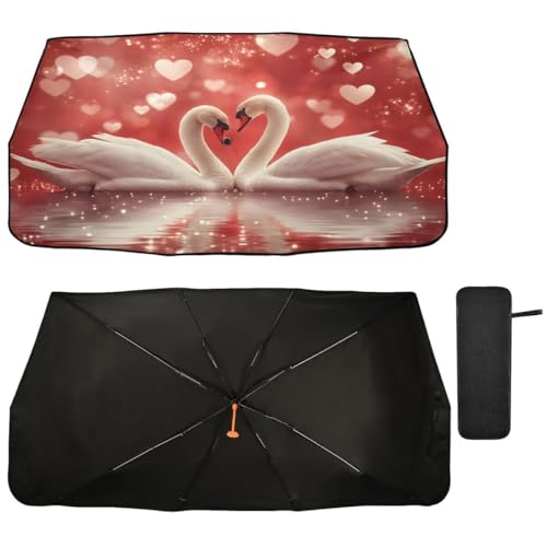 ALAZA White Swan Love Heart Car Windshield Sun Shade Umbrella Foldable Automotive Windshield Sunshades Car Front Window Protector for UV Ray Block for Most Vehicles
