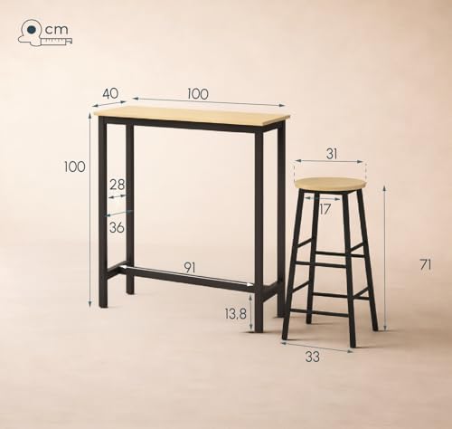 Miniatura 3 de Mb Muebles Bonitos, Mesa Alta Bar Con 2 Taburetes Ani, Barra Cocina De Estilo Minimalista Con Patas De Metal, Melamina Mate, Negro Y Sonoma, 100x100x40 Cm