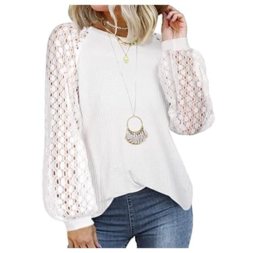 Tuopuda Camicia Donna Camicette Girocollo Maglie a Manica Lunga Tunica Bluse Maniche a Palloncino Elegante Magliette in Pizzo Casual Shirts Tops Classico Autunno Inverno, Bianca, M