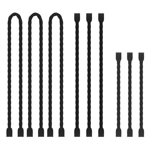 LOIUO 9 bridas de silicona reutilizables con núcleo de acero, correas negras, organizadoras, multiusos, para interiores y exteriores, sujeción y envoltura (4, 6, 12 pulgadas)