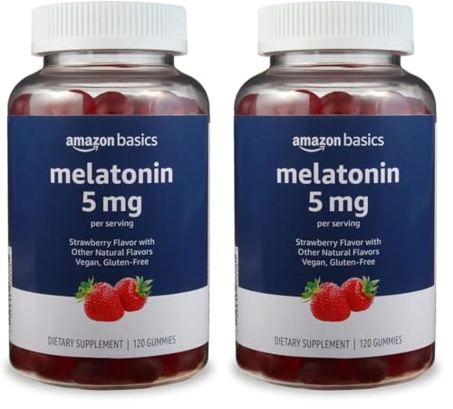 Image of Amazon Basics Melatonin 5mg, Strawberry (Previously Solimo) 120 Gummies (2 per Serving) (Pack of 2)