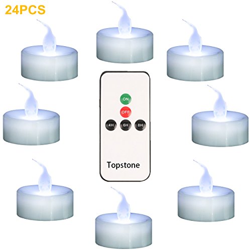 Topstone Remote Controlled LED Tea Light,White Flickering Bulb,Long Lasting Battery Operated LED Votive Candle with Timer,Pack of 24