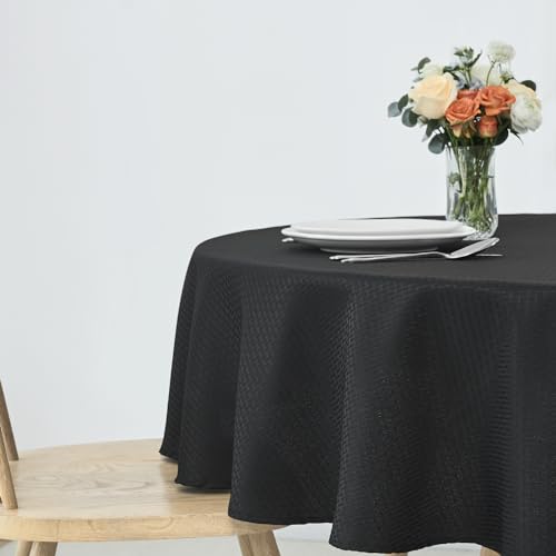 Image of maxmill Round Weaved Texture Design Tablecloth Spill-Proof Wrinkle Free Soft Washable Table Cloth for Circular Table Cover, for Dining Room Buffet Banquet Parties Holiday Dinner, 90 Inch Black