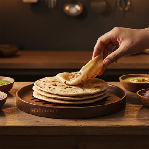 Image of Wooden Roti Holder, Roti Tray, Sheesham Wood Serving Plate, 9 inche Round, Natural Brown, Chemical-Free (Roti Plate)