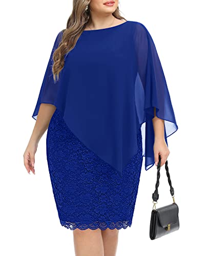 Plus Size Royal Blue Dresses Cocktail Wedding Guest Chiffon Cape Lace Overlay Layered Pencil Bodycon Semi Formal Dress #TOP14