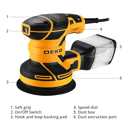 image for DEKOPRO Random Orbit Sander 2.5A with 16Pcs Sandpapers, 6 Variable Spe
