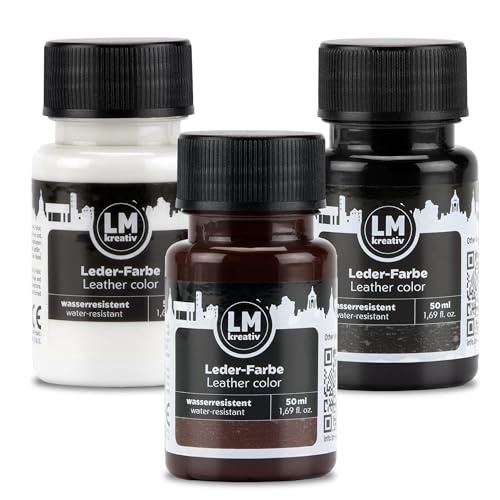 LM-Kreativ Lederfarbe 3 x 50ml - Schwarz, Weiß, Braun - Hochwertige Farbe für Lederpflege & Leder Reparatur - Für Sneaker, Schuhe und Taschen - Für Glattleder, Kunstleder und Lederoberflächen
