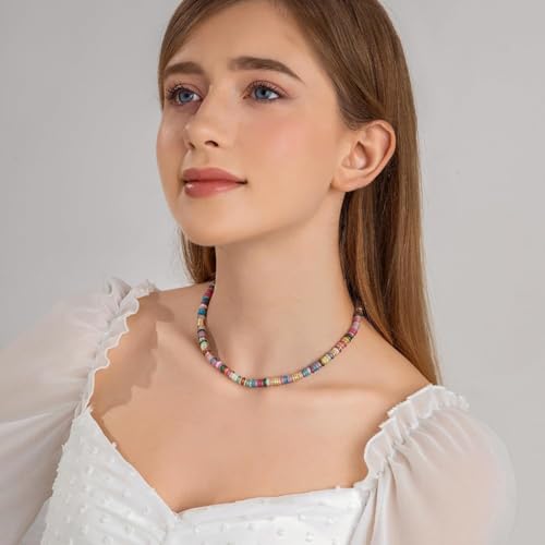 IBARA Boho Colorful Beaded Choker Necklace/Bracelet for Women,Real Natural Stone Gemstone Necklace Freshwater Pearl Necklace 18K Gold Plated Summer Beach Handmade Jewelry Trendy3