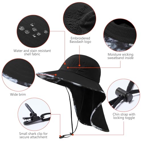 Image of BASSDASH UPF 50+ Unisex Water Resistant Wide Brim Sun Hat with Large Neck Flap Ponytail Fishing Hat for Men Women