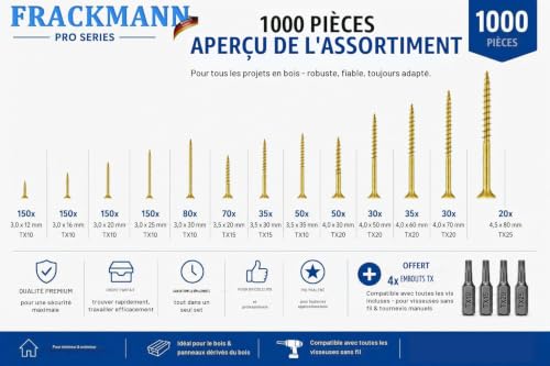 FRACKMANN Screw Set 1000 Pieces - Wood Screws & Chipboard Screws 3 x 12 to 4.5 x 80 - Includes 4 TX Bits & Assortment Case - Professional Quality Made in Germany - 4