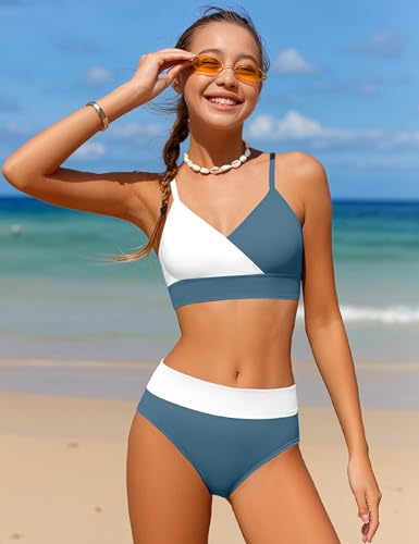 Image of Girls Swimsuit V Neck Bikini Set Color Block with Cover Up 3Pcs Bathing Suits