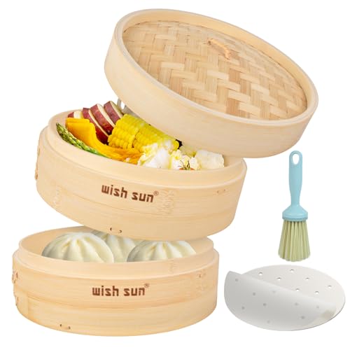 WISH SUN せいろ 2段 セット 蒸篭 セイロ せいろ蒸し器 蓋付き 竹せいろ専用シート50枚付 天然竹 蒸籠 21cm 点心・野菜・魚料理用