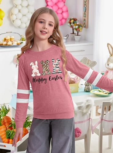 Image of Ithalt Kids Easter Shirts for Girls Cute Bunny Graphic Tshirt Easter Long Sleeve Tops 5-14y