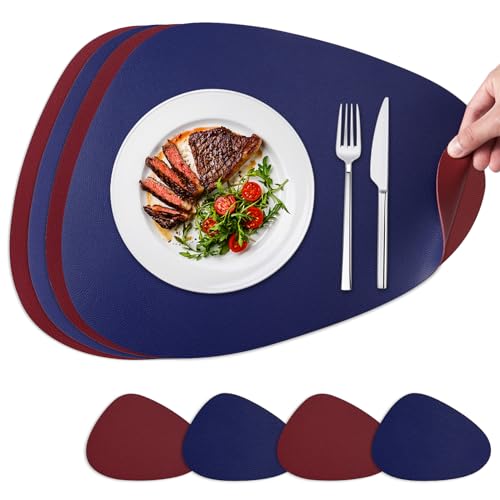 NOSTHEART Manteles Individuales y Posavasos, Salvamanteles Manteles Lavables Individuales Redondos, Manteles Individuales Antideslizantes Impermeables de Doble Cara - Azul Real Rojo, Juego de 4
