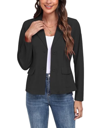 Blazers for Women Casual Long Sleeve Button Front Notched Lapel Work Office Blazers Jacket with Pockets, Black