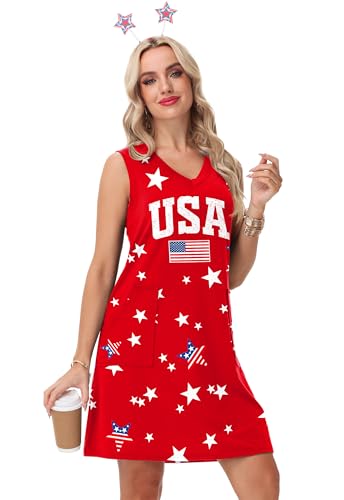 Image of Deerose Womens July 4th Sleeveless Dress American Flag Swim Cover Up Dress with Pockets