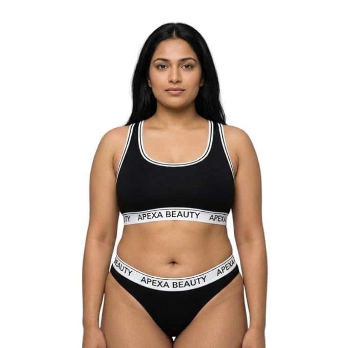 Women's Wirefree Sports Bra with Matching Brief | Soft Stretch Breathable Activewear Set | Comfortable Everyday Wear | Pack of 1 (Black)-image-44