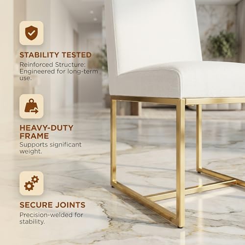 Image of HNY Modern Dining Chairs Set of 4, Upholstered Linen Dining Room Chairs with Ergonomic Back & Polished Gold Metal Frame for Home, Kitchen, Apartment, Cream