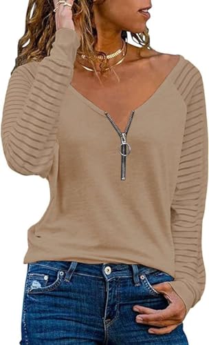 Teesho Damen Oberteile Elegant Tshirt Langarmshirt V Ausschnitt Casual Streifen Mesh Bluse Baumwolle Shirt Tops Tunika (Braun/L)