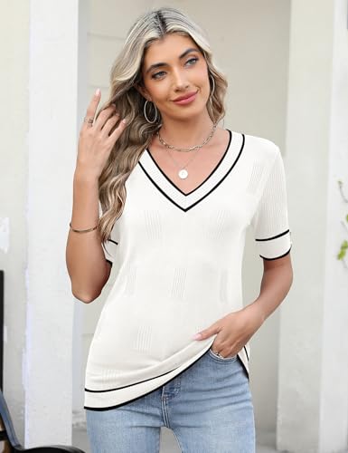 AKEWEI Womens V Neck Sweater Short Sleeve Lightweight Knit Summer Fall Tops with Decorative Buttons3