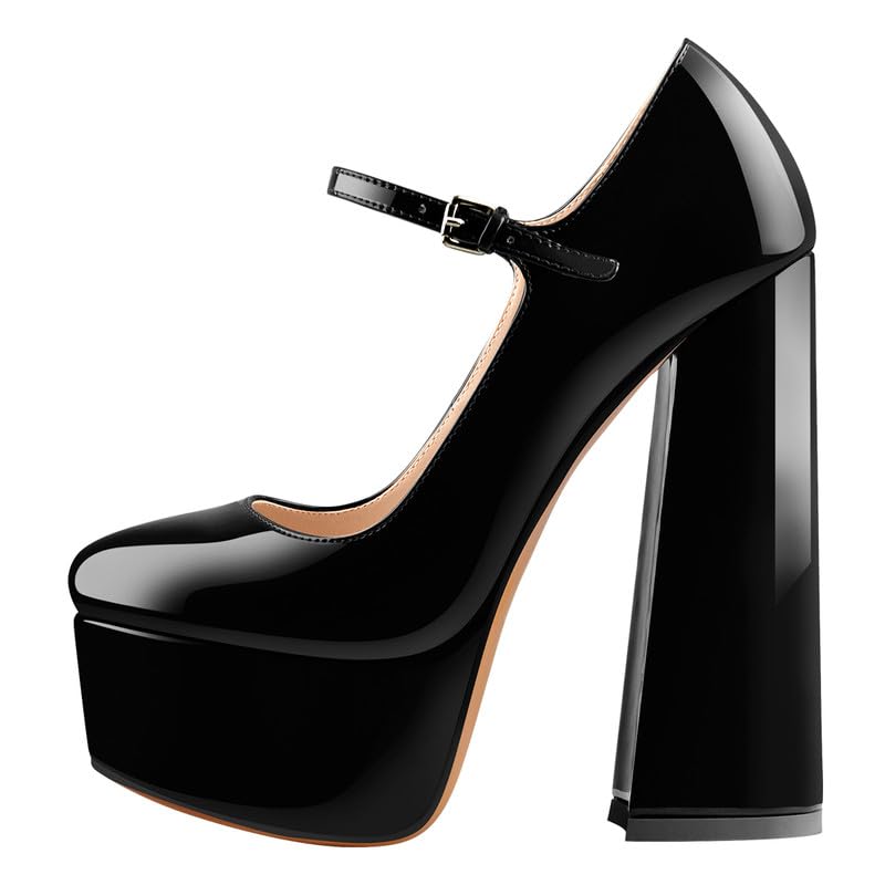blingqueen Escarpins Mary Jane à talons hauts pour femme avec talon bloc verni, Vernis noir., 44 EU