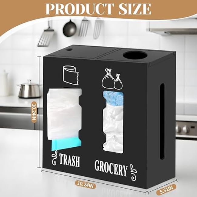 2 in 1 Trash Bag Dispenser and Grocery Bag Holder, Large Wooden Trash Bag Holder,Trash Bag Dispenser for Grocery Bags and Plastic Bags,Kitchen Cabinet Under Sink Organizers and Storage