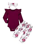 Newborn Baby Girls Clothes Long Sleeve Romper+Floral Pant+Floral Haedband Outfit Newborn Burgundy