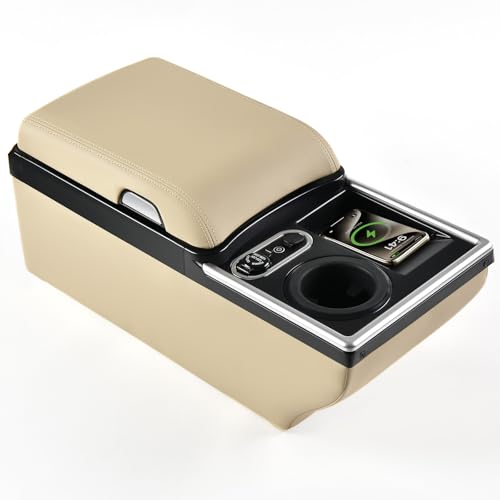 Image of Coverado Universal Car Center Console with Wireless Charging & Cup Holder, Back Seat Organizers, Rear Bench Seat Central Armrest Box with Storage, for Most Vehicles, Easy Install, Beige