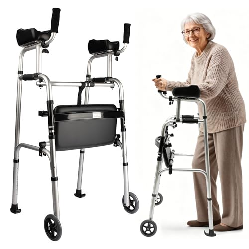 Kensbro Gehbock für Senioren Stabil mit Rädern, 8-Ebenen-Höhenverstellbares Gehbock für Senioren, Gehgestell mit Kissen, Faltbares Gehhilfe für Senioren, 100 kg Tragfähigkeit