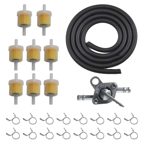 26 Stück Benzinfilter Kit,Kraftstofffilter,Universal 8mm Sprit Filter,Benzinfilter RasenmäHer,mit 8 Stück Filtern,16 Stück Schlauchschellen,1 Ventil,1 Meter Schlauch,für Motorrad, Roller Mofa