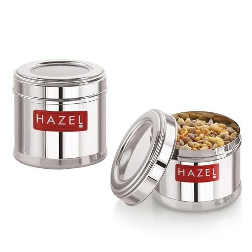 Image of HAZEL Stainless Steel Containers For Kitchen | Top See Through Stainless Steel Airtight Masala Box For Kitchen Storage With Airtight Lid, 700 ML, Set of 2,Silver