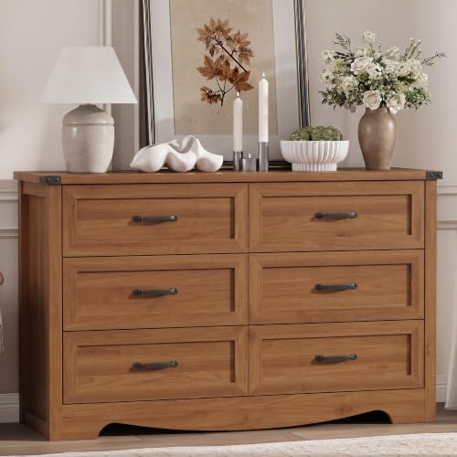Image of Xixini Dresser for Bedroom with 6 Drawers, 54 inch Wide Wood Chest of Drawers with Mental Handle, Modern Dresser TV Stand, Wooden Closet Storage Organizer for Living Room, Hallway, Entryway, Walnut