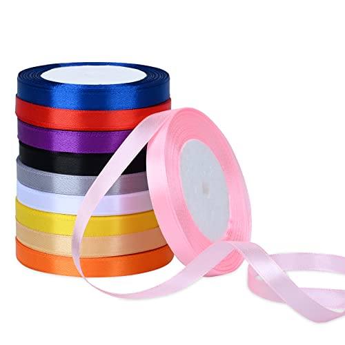 AKHTART Double Faced Satin Ribbon, 10 Rolls/10 Colours, Polyester Ribbon, Fabric Ribbon for Gift Wrapping Crafting, Balloons