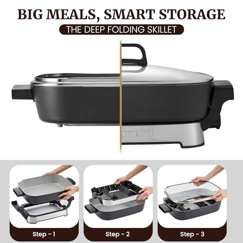 Image of Elite Gourmet 15 inch x 12 inch x 3 inch Stow-Away Foldable Electric Skillet, Ceralast PFAS Free Ceramic, 1500W Rapid Heat, Dishwasher Safe Pan & Lid, Black /Grey