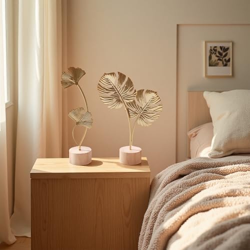 Tarqite 2 Stück Ginkgoblatt Statue Deko, Kreative Ginkgo Leaf Statue, Blatt Metallskulptur, Gold Desktop Skulptur Deko für Home, Büro, Schlafzimmer, Wohnzimmer, Weihnachtsdeko (A)