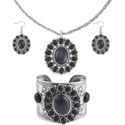 Howlite Jewelry Sets for Women - Turquoise Inspired Western Cowgirl Accessories - Beautiful Statement Necklace Earrings & Cuff Bracelet Set Southwestern Chunky Necklaces Costume Jewelry - Black