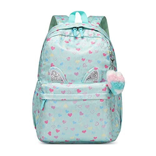 Kids Backpack Girls And Boys Green Waterproof Large Space School Backpack Suitable For Age For Over 6 Years Old Lightweight Travel Cat Ear Heart Keychain Children Backpack（Pink Green Peach Heart) #TOP7