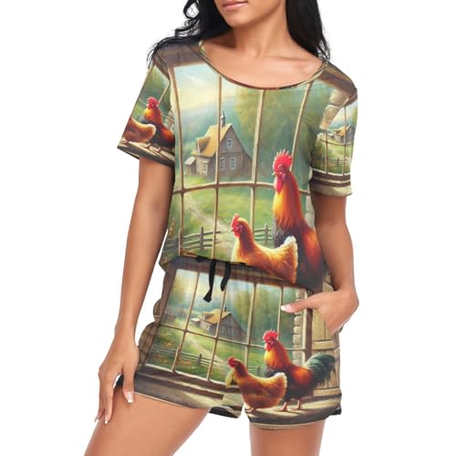 Pyjama short coq et poule femme - Ensemble de nuit ferme taille S