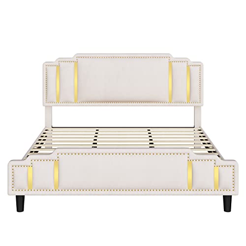 Hifit Full Size Modern Velvet Upholstered Bed Frame With Adjustable Headboard, Studded With Golden Iron Slice & Rivets, Platform Bed Frame With No Noise, No Box Spring Needed, Easy Assembly, Beige #TOP7