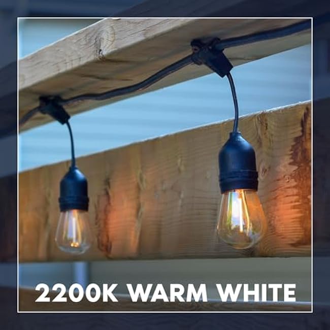 LUXRITE 48FT LED Outdoor String Lights Commercial Grade Waterproof, 24 Edison S14 Shatterproof Bulbs, Hanging Lights for Patio, IP65, Decorative Outside Lights for Backyard Garden Cafe Balcony