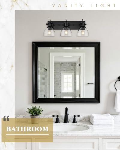 Image of 3-Light Black Bathroom Vanity Light Over Mirror, Clear Glass Shade | 23 inch Retro Vintage Vanity Lighting Fixture, E26 Base, Long Base Metal Frame, Ideal above Bathroom Mirrors, 22151-3W-BK