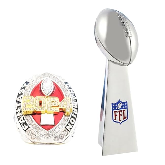Fantasy Football Ring 2024| Heavy FFL Champion Ring | Gold Silver Tone Plated Award Trophy for Fantasy Football League Winner