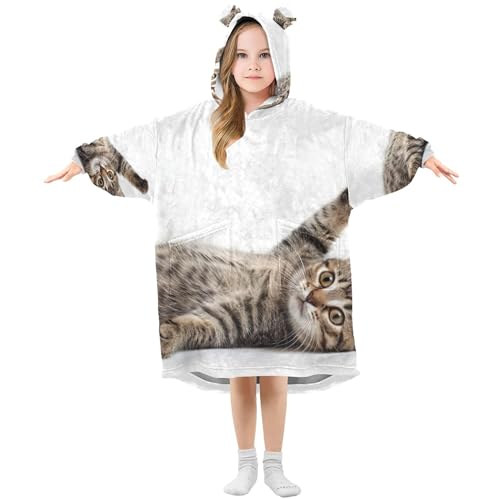 Funny Tabby Cat Wearable Blanket for Kids Teens Girls Warm Cozy Sweater 3D Animal Boys Oversized Sweatshirts Hoodie