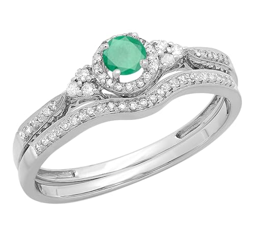 Dazzlingrock Collection Round Emerald & White Diamond Womens Halo Bridal Engagement Ring Matching Band Set, 10K Solid White Gold