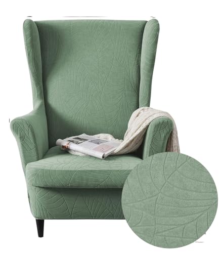 Highdi Housse de Fauteuil à Oreilles Extensible 2-Pièces Couverture de Fauteuil avec Housse de Coussin, Plante Jacquard Couleur Unie Strandmon Housse de...