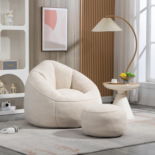 Bean Bag Sofa Chair with Footstool, Microfiber Upholstered Bean Bag Couch with Petal Back, Padded Lazy Sofa with Armrest, Memory Foam Stuffed Bean Bag Couch for Living Room, Bedroom, Apartment, Beige