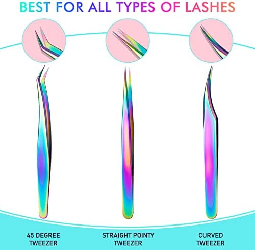 Pinkiou Eyelash Tweezers False Eyelash Applicator Curved Eyelash Tweezers Set with Silver Packaging for Women (3 Pcs)