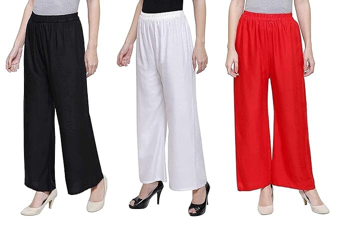 Palazzo for Women | Loose Fit Ethnic Design Palazo Combo | Stylish Latest Bottom Wear Casual Plazo for Girls | Regular Plain | Rayon, Multicolor, Set of 3(Black, White and Red)-image-22