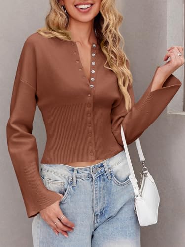 Image of Saodimallsu Womens Cropped Sweaters Cardigan | Button Down,Long Sleeve,V Neck,Ribbed Knit,Slim Fit ,Pullover Crop Tops